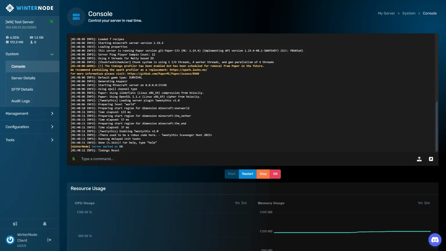 Web Console control panel screenshot
