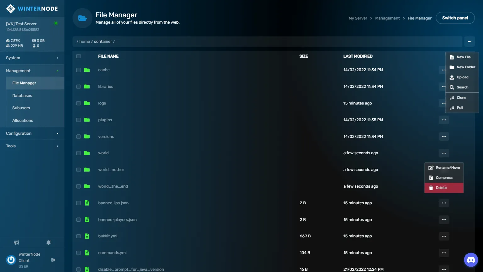 File Manager control panel screenshot