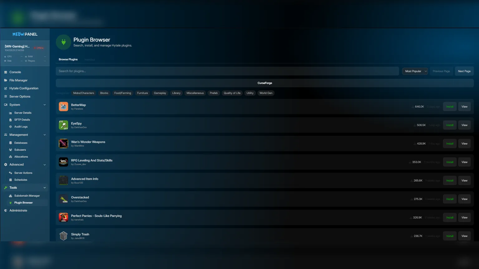 Plugin Manager control panel screenshot