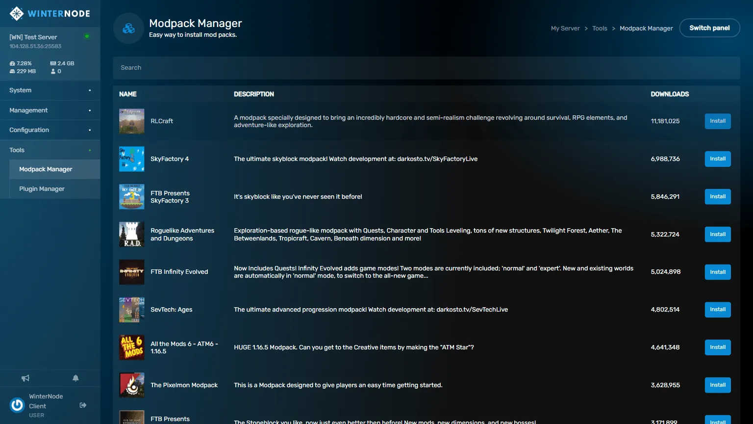 Modpack Manager control panel screenshot