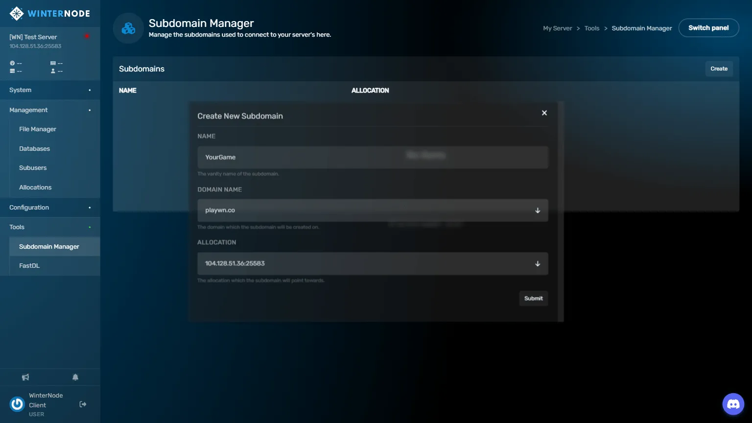 Subdomain Manager control panel screenshot